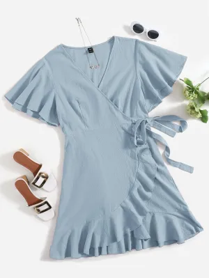 Boho Plain Wrap Short Sleeve V Neck Wrap Natural Knee Length Plus Size Dress