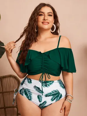 Boho Plants Ruffle Spaghetti Strap Plus Size Bikini Sets