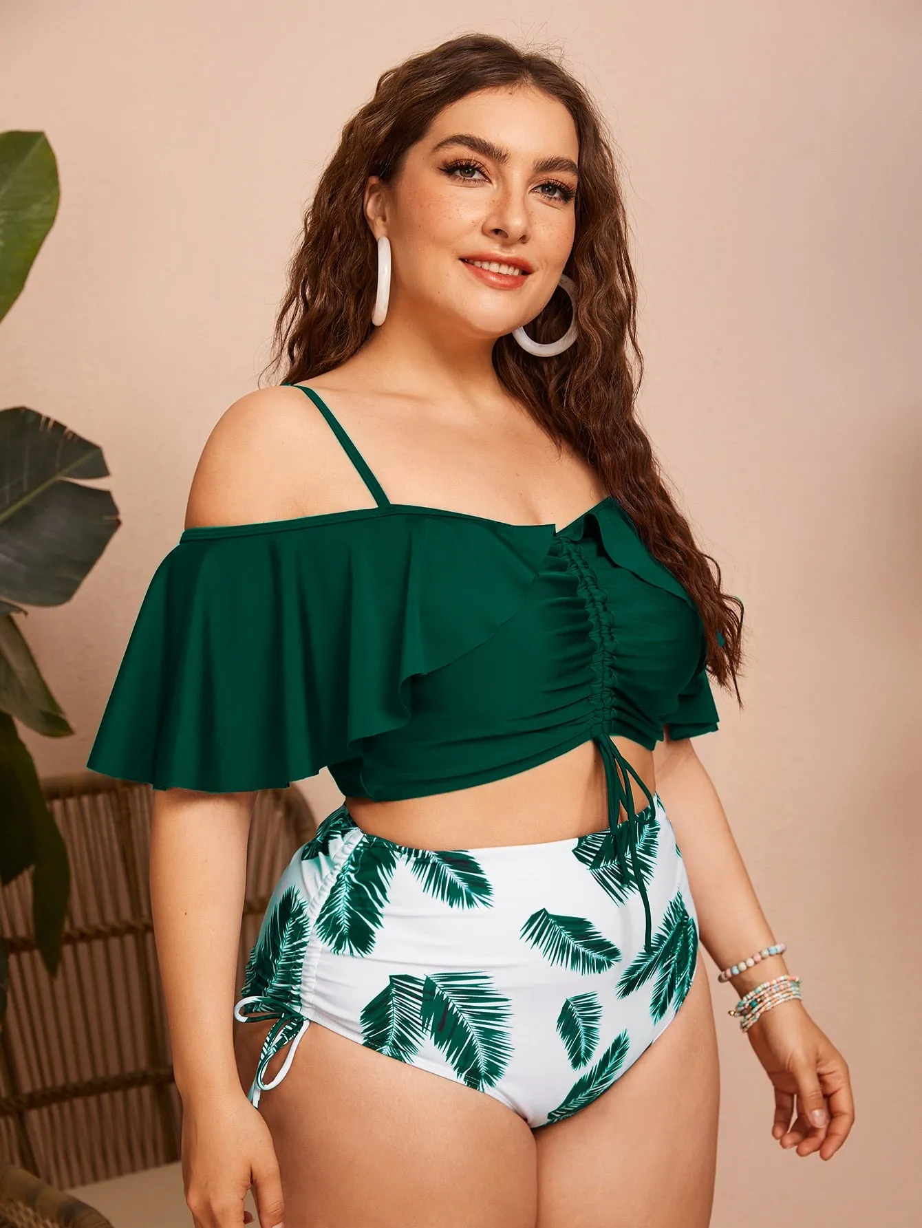 Boho Plants Ruffle Spaghetti Strap Plus Size Bikini Sets