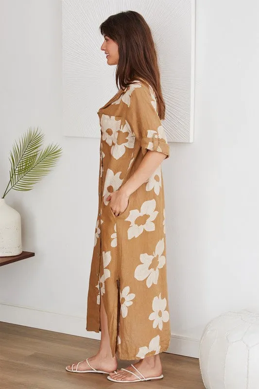 Button Down Linen Antique Floral Dress