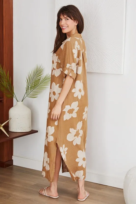 Button Down Linen Antique Floral Dress
