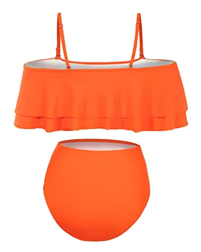 Charming Ruffle Off Shoulder Bikini Swimsuit-Neon Orange