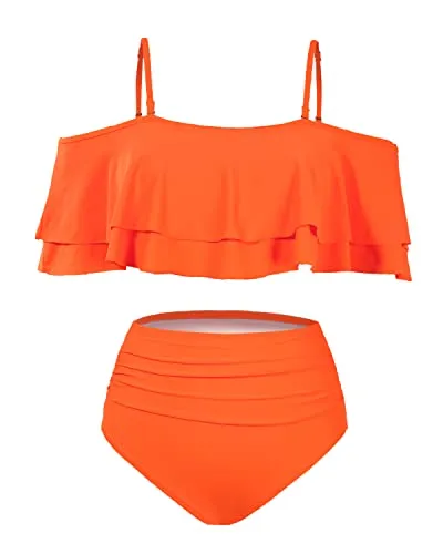 Charming Ruffle Off Shoulder Bikini Swimsuit-Neon Orange