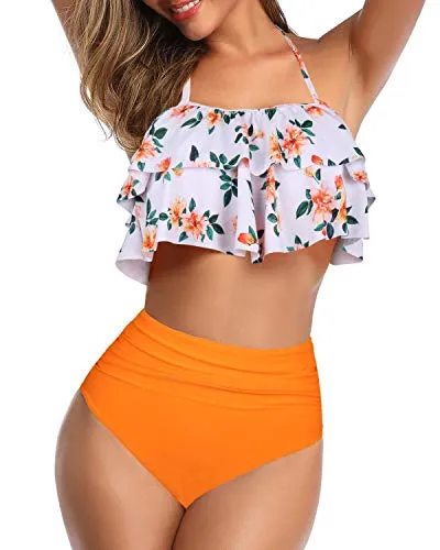 Chic Halter Bathing Suits Tummy Control Bottoms For Women-Orange Floral