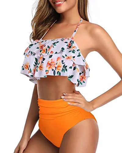 Chic Halter Bathing Suits Tummy Control Bottoms For Women-Orange Floral