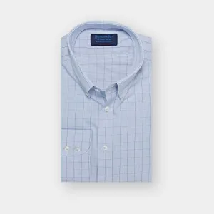 Contemporary Fit, Button Down Collar, Two Button Cuff Shirt In White & Blue With Navy Micro Overcheck