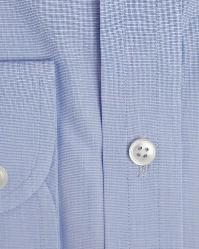 Contemporary Fit Plain Blue Cotton Shirt with Concealed Button Down Collar & Two Button Cuff