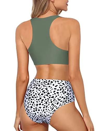 Convenient Tank Style Sporty High Waisted Bikini Set-Green Spotted Dog