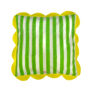 Cushion Cover in Green White Cabana Stripe and Yellow Scallop Trim
