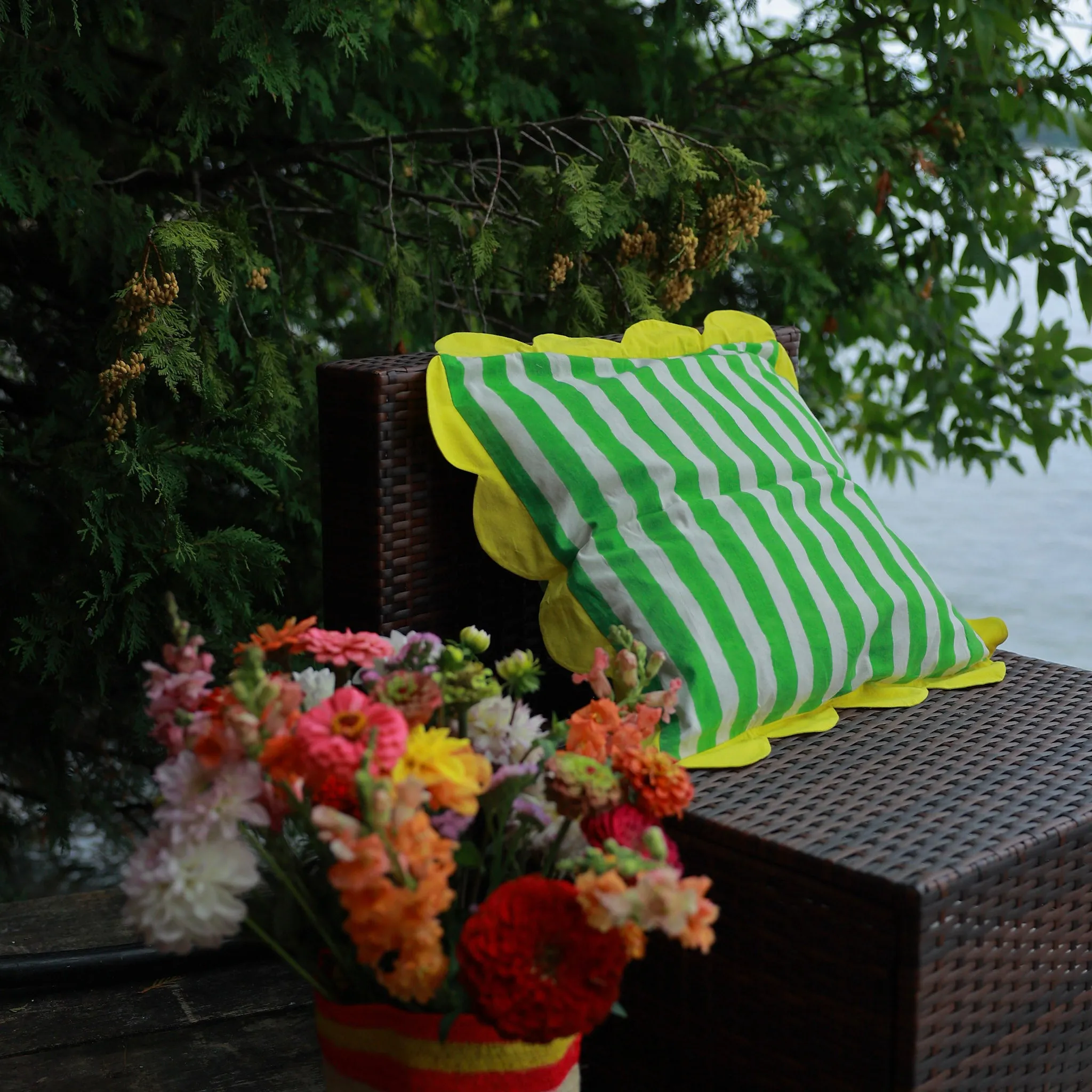 Cushion Cover in Green White Cabana Stripe and Yellow Scallop Trim