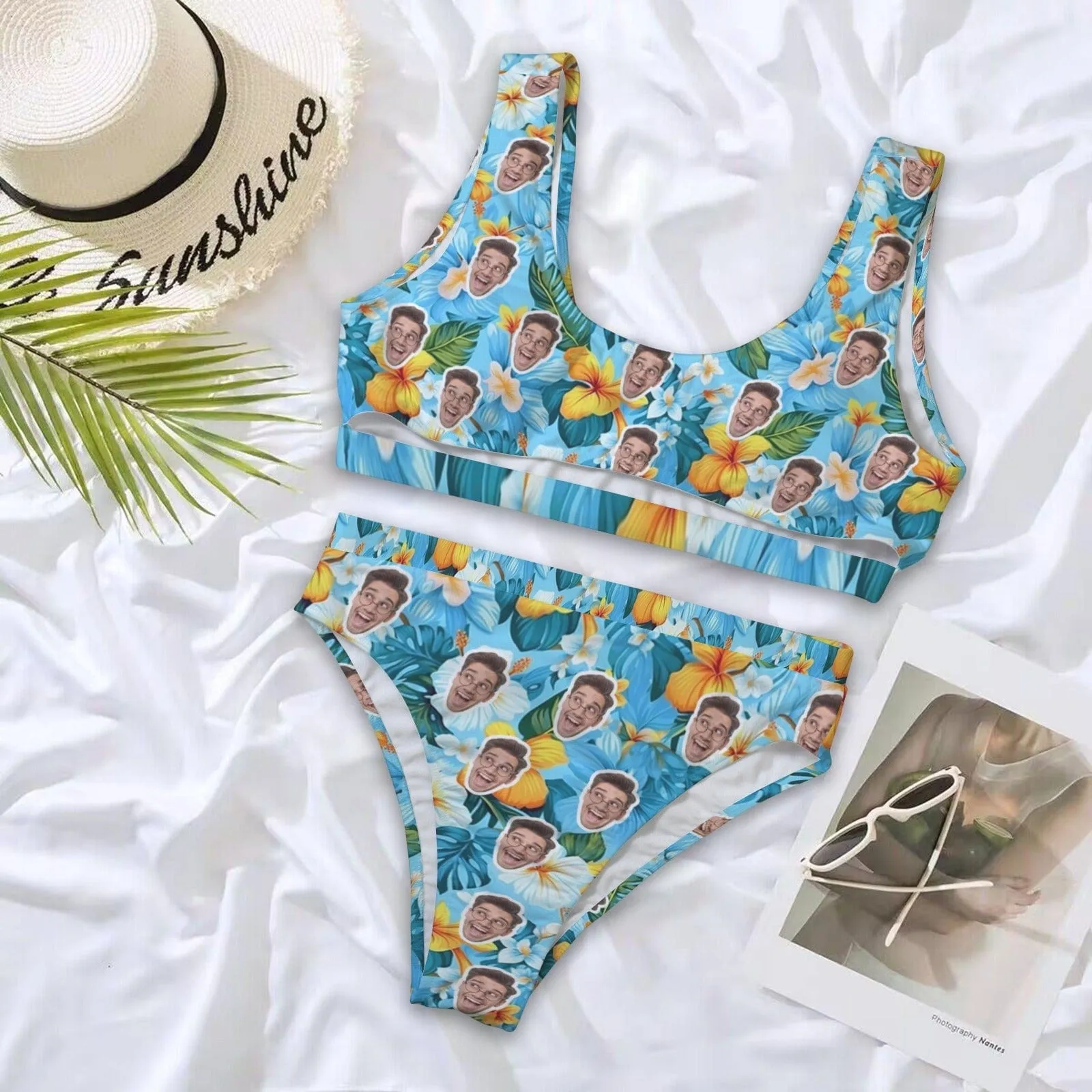 Custom Face Blue Women's High Waisted Bikini Sets Personalized High Cut Swimsuits Sporty Cut Out Swimsuits Bathing Suits