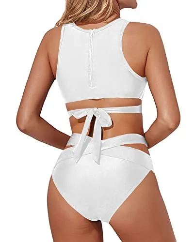 Cute And Comfortable Criss Cross Bikini Set Two Piece High Neck Bikini Set-White