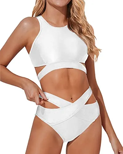 Cute And Comfortable Criss Cross Bikini Set Two Piece High Neck Bikini Set-White