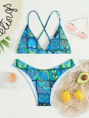 Cute Heart Criss Cross V Neck Women Bikini Sets