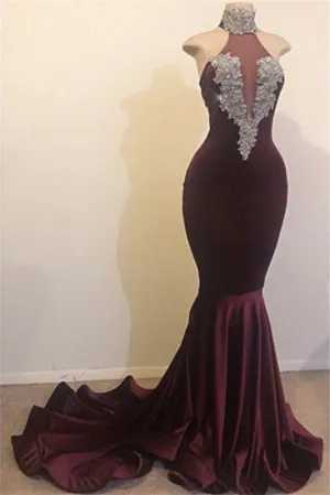 Dark Red Velvet Long Mermaid Sleeveless Sweep Train Prom Dresses