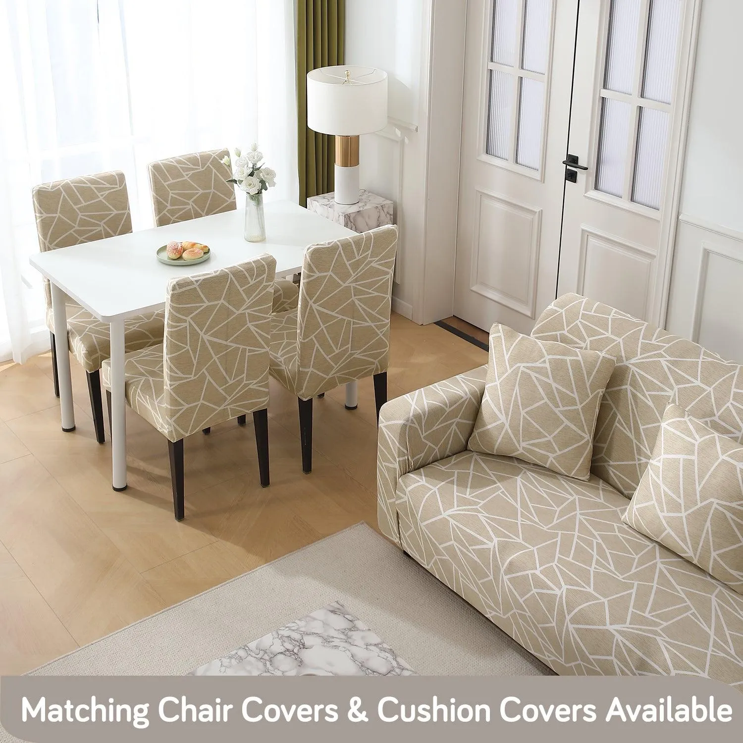 Elastic Stretchable Printed 140gsm Fully Covered Sofa Cover, Beige Abstract Geometry