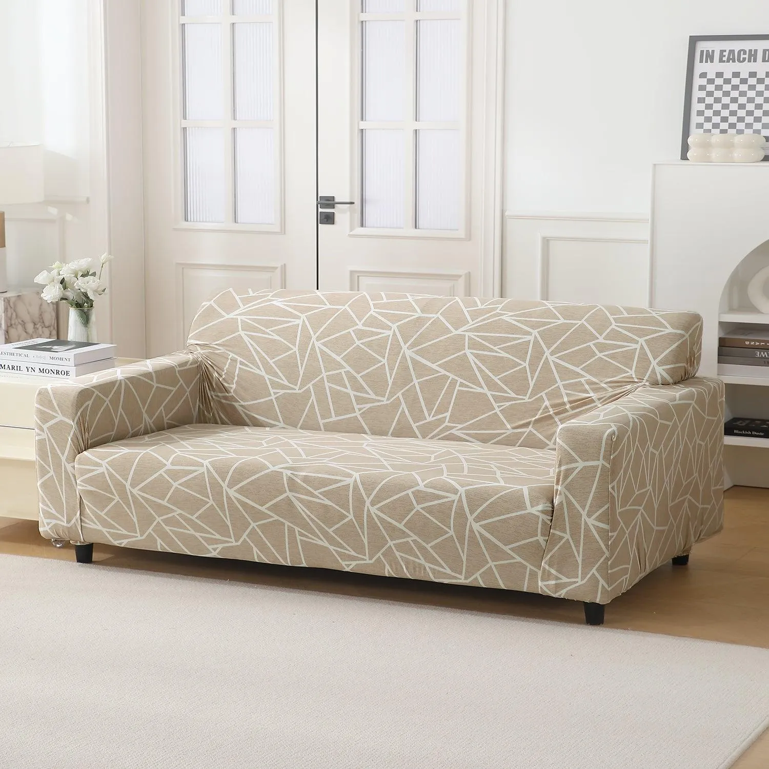 Elastic Stretchable Printed 140gsm Fully Covered Sofa Cover, Beige Abstract Geometry