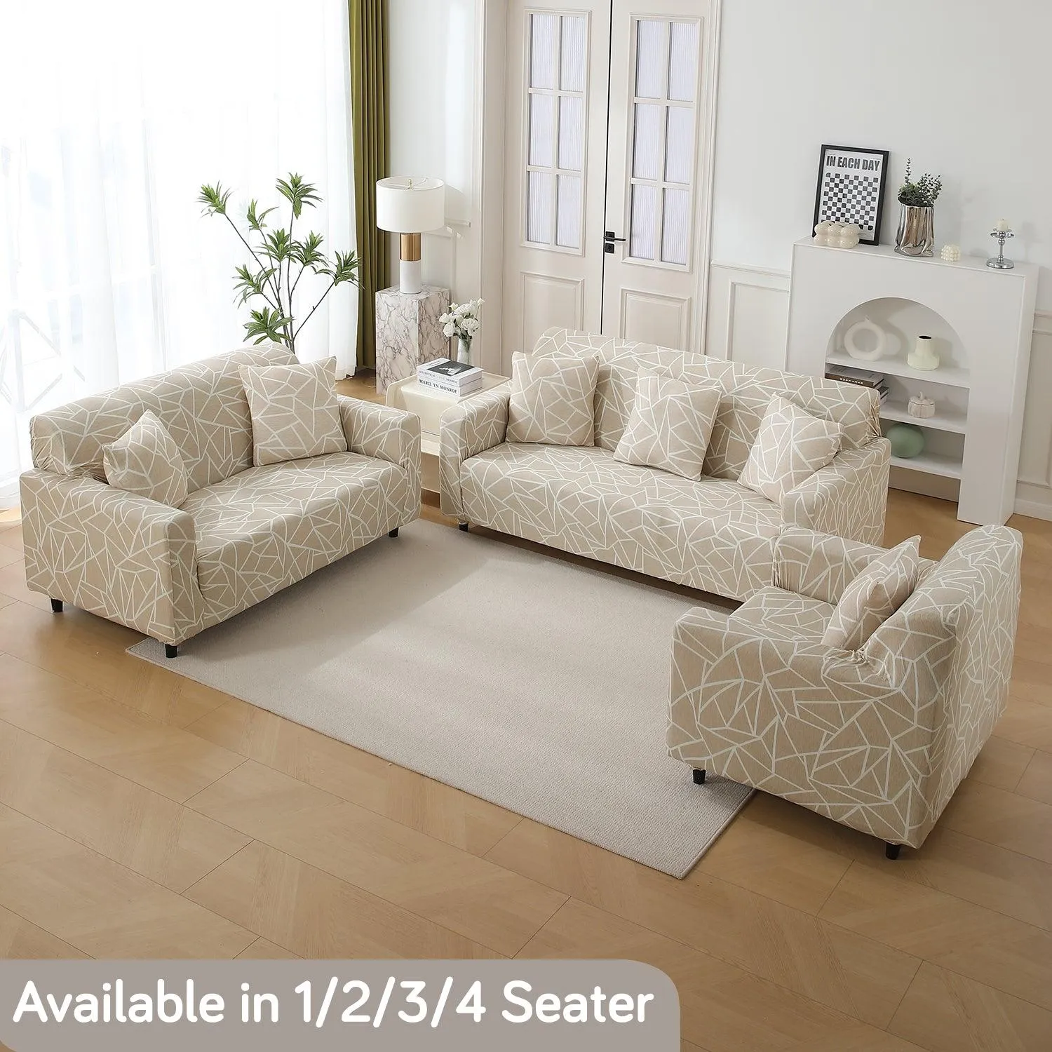 Elastic Stretchable Printed 140gsm Fully Covered Sofa Cover, Beige Abstract Geometry