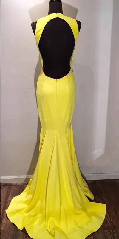 Elegant Yellow Scoop Open Back Sweep Train Mermaid Prom Gown Formal Dresses