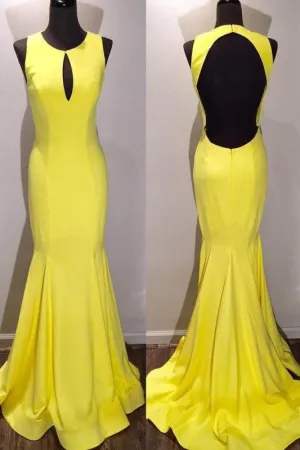 Elegant Yellow Scoop Open Back Sweep Train Mermaid Prom Gown Formal Dresses
