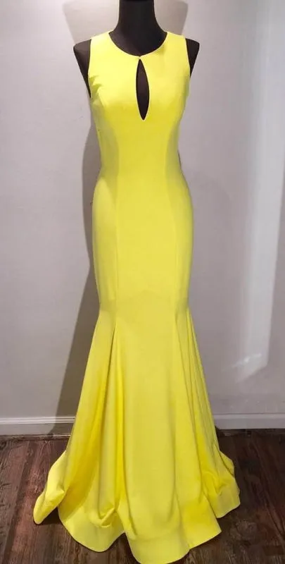 Elegant Yellow Scoop Open Back Sweep Train Mermaid Prom Gown Formal Dresses