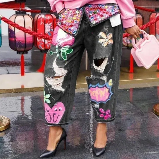 EM Print Diamond Loose Jeans