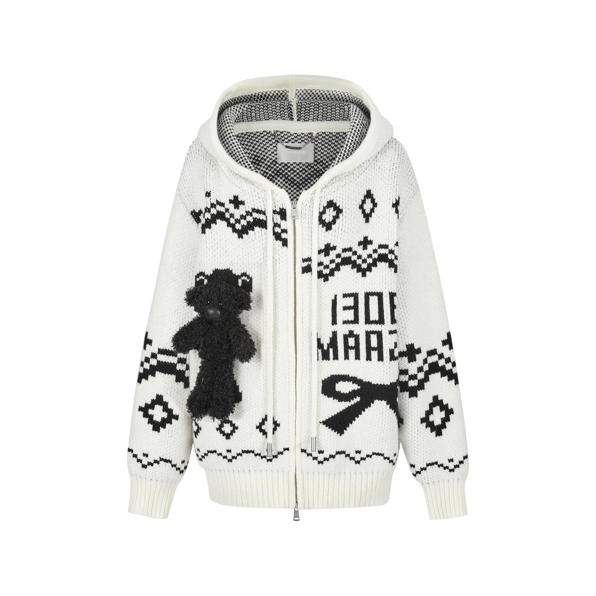Fair Isle Bear Zip Knit Hoodie In White