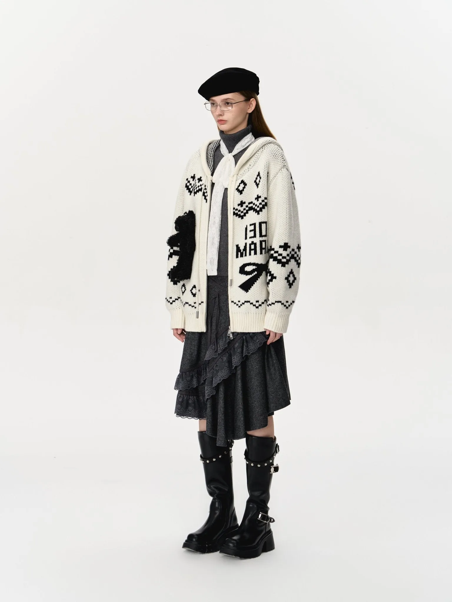 Fair Isle Bear Zip Knit Hoodie In White