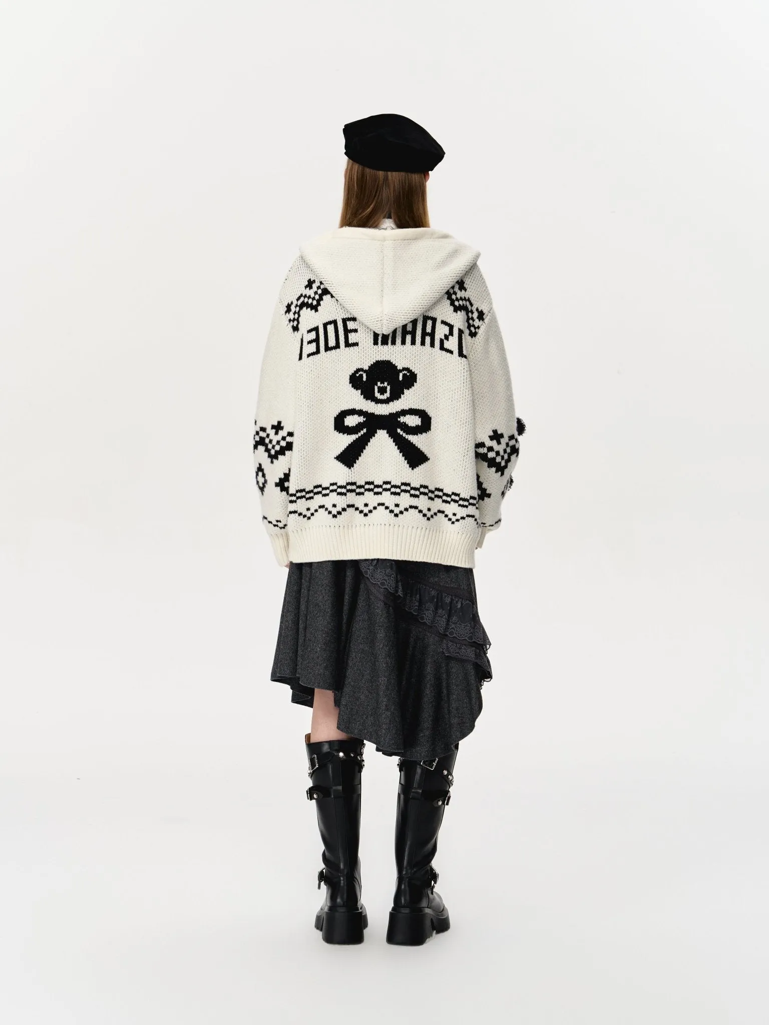 Fair Isle Bear Zip Knit Hoodie In White