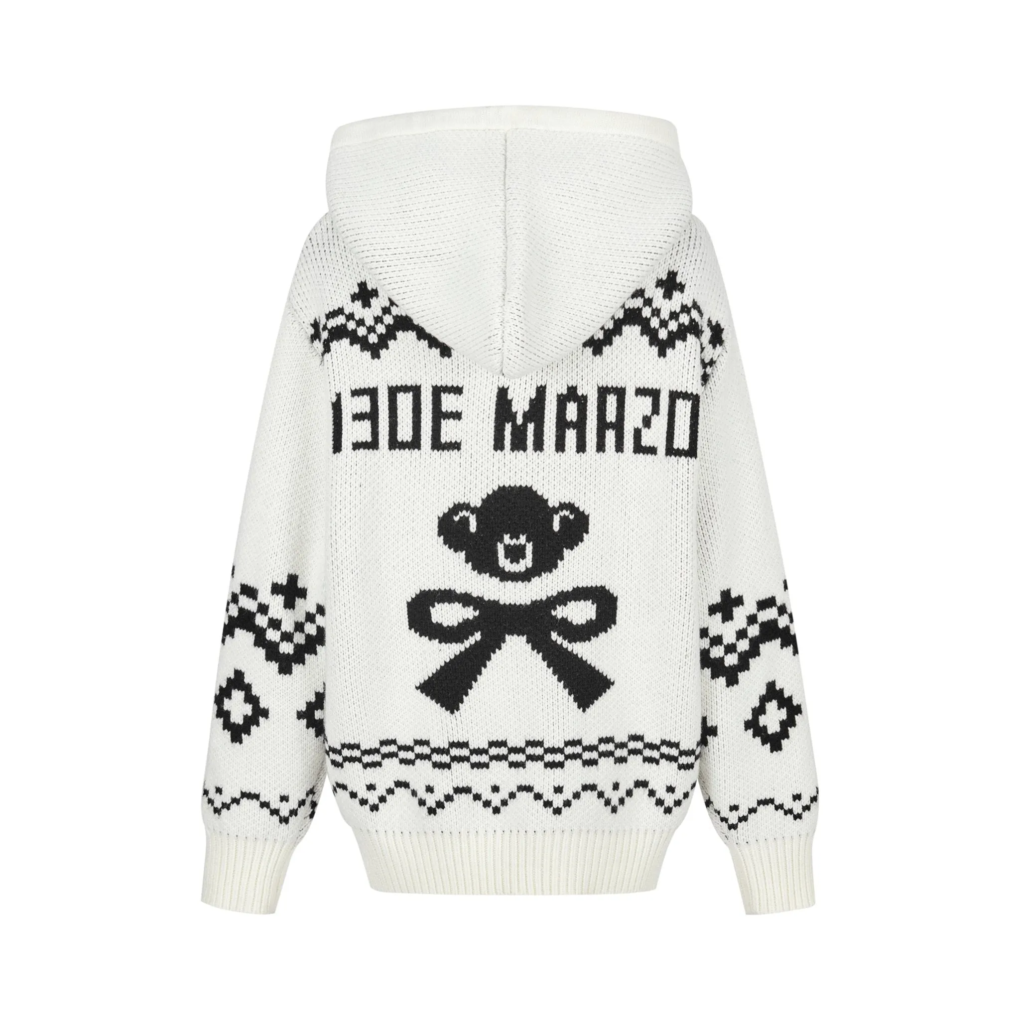 Fair Isle Bear Zip Knit Hoodie In White
