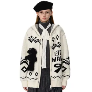Fair Isle Bear Zip Knit Hoodie In White