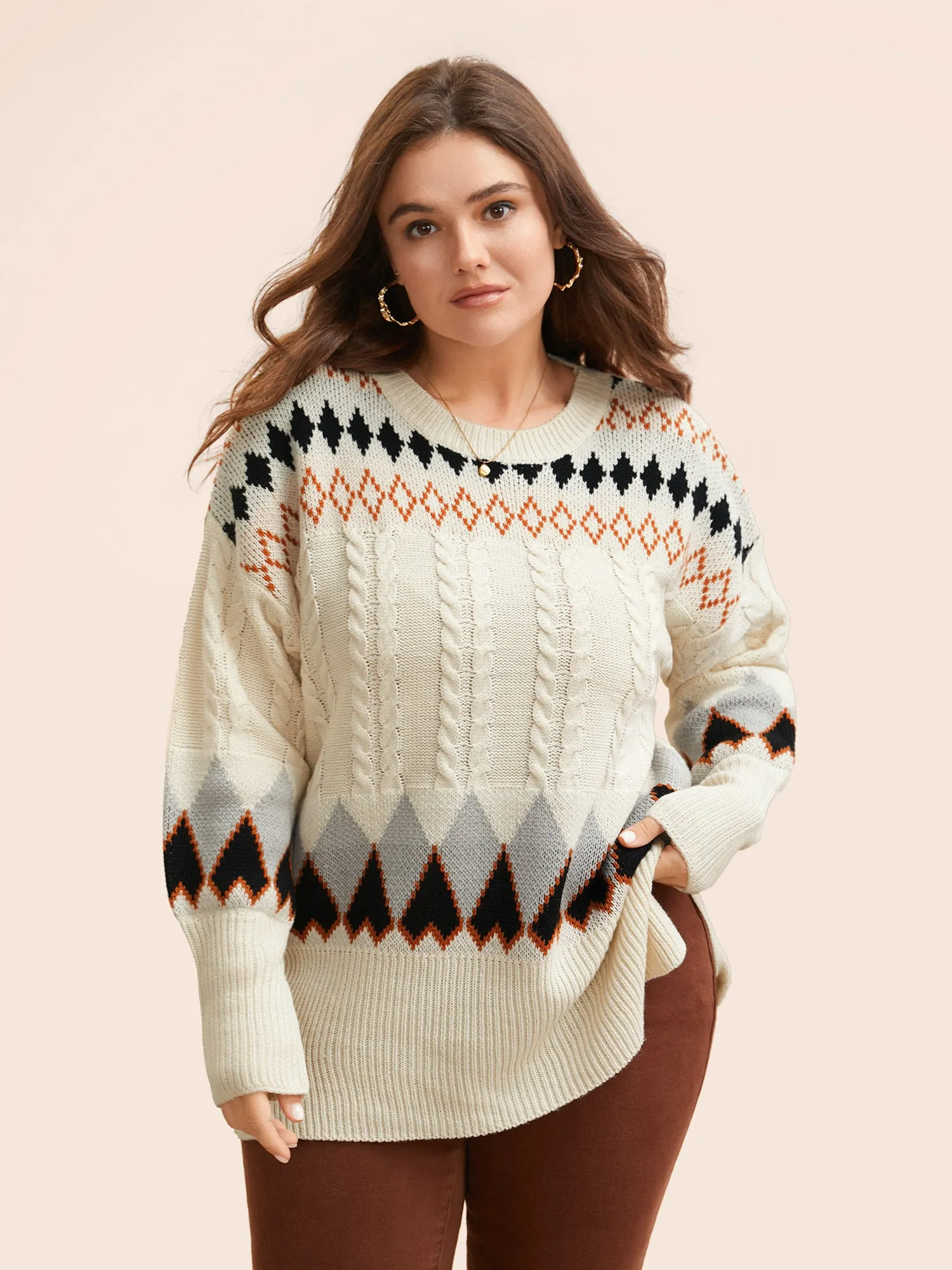 Fair Isle Crew Neck Split Hem Pullover