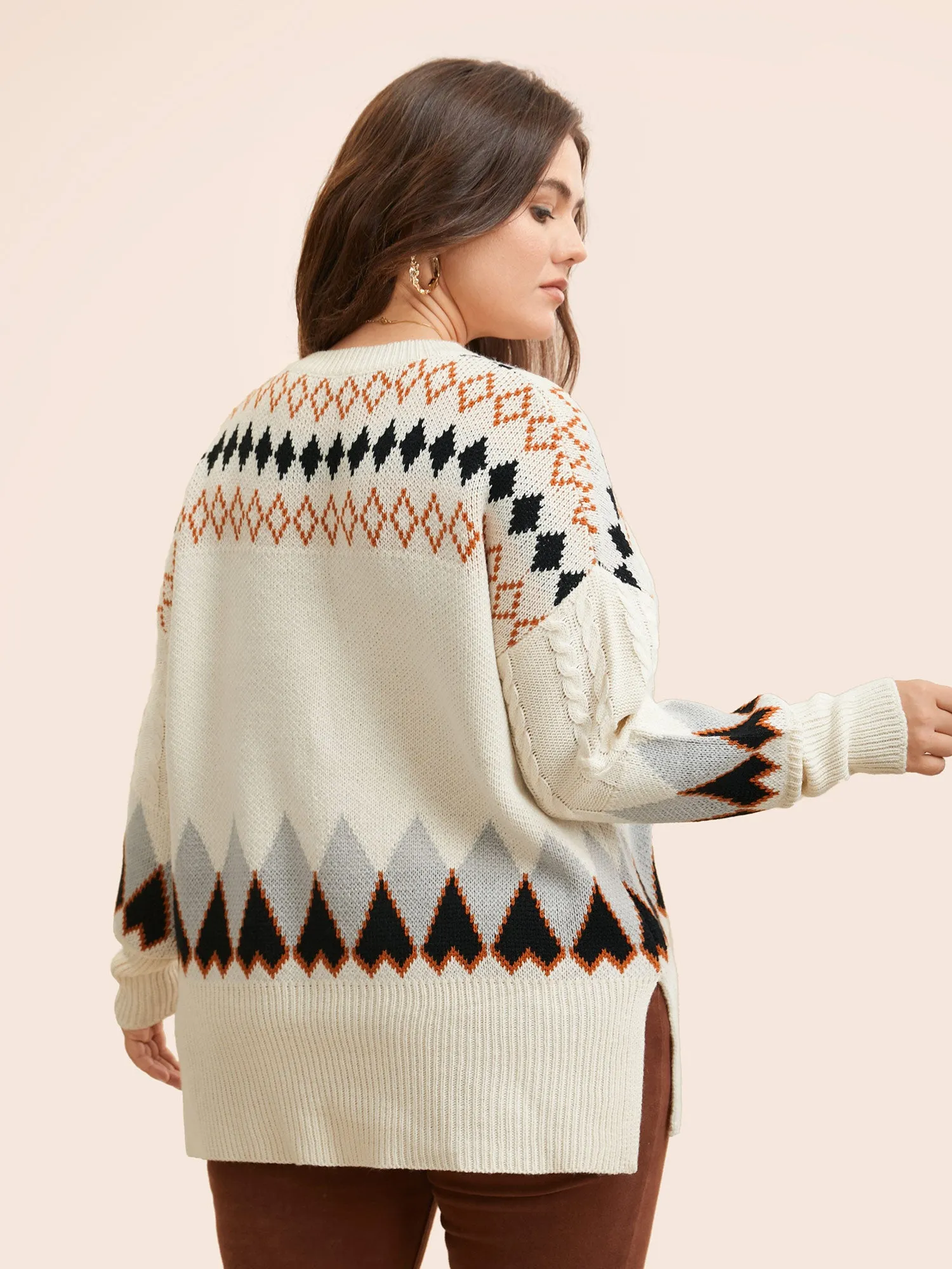 Fair Isle Crew Neck Split Hem Pullover