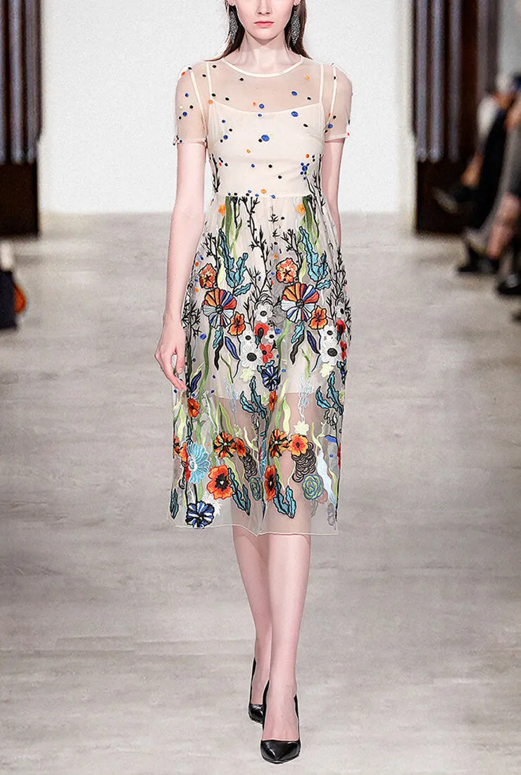 Fashion Mesh Floral Embroidered Midi Dress