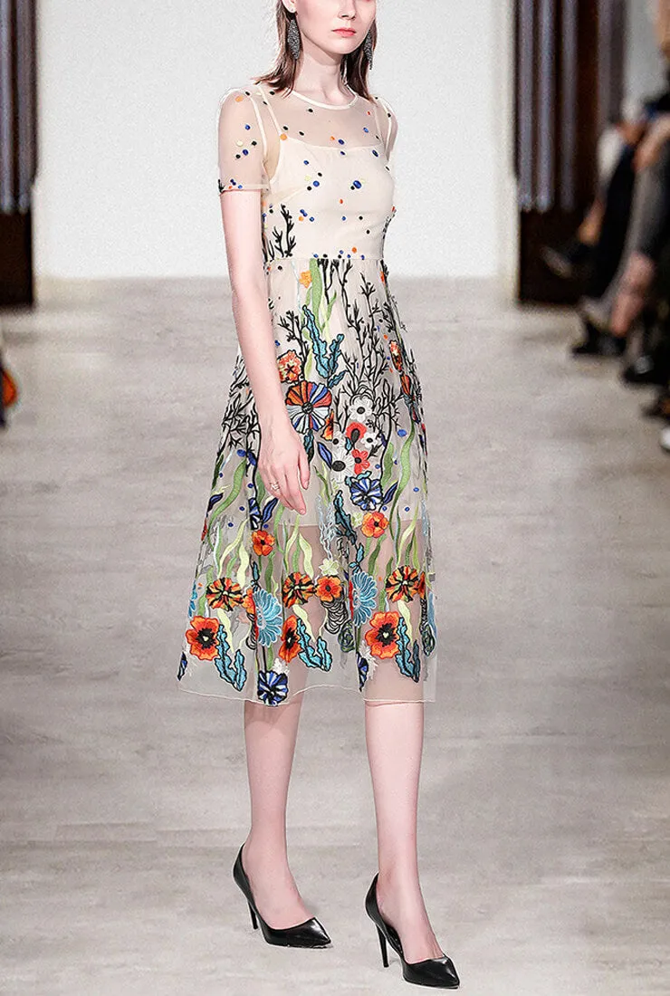 Fashion Mesh Floral Embroidered Midi Dress