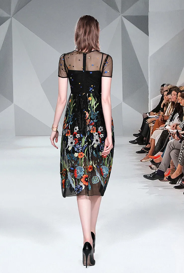 Fashion Mesh Floral Embroidered Midi Dress