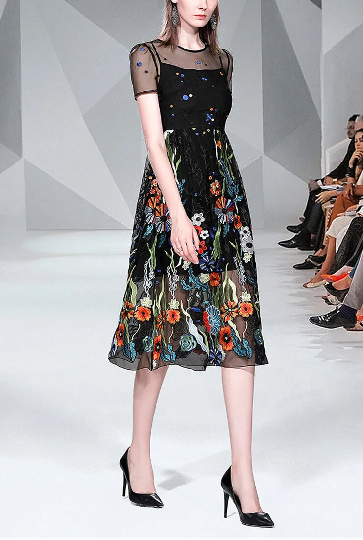 Fashion Mesh Floral Embroidered Midi Dress