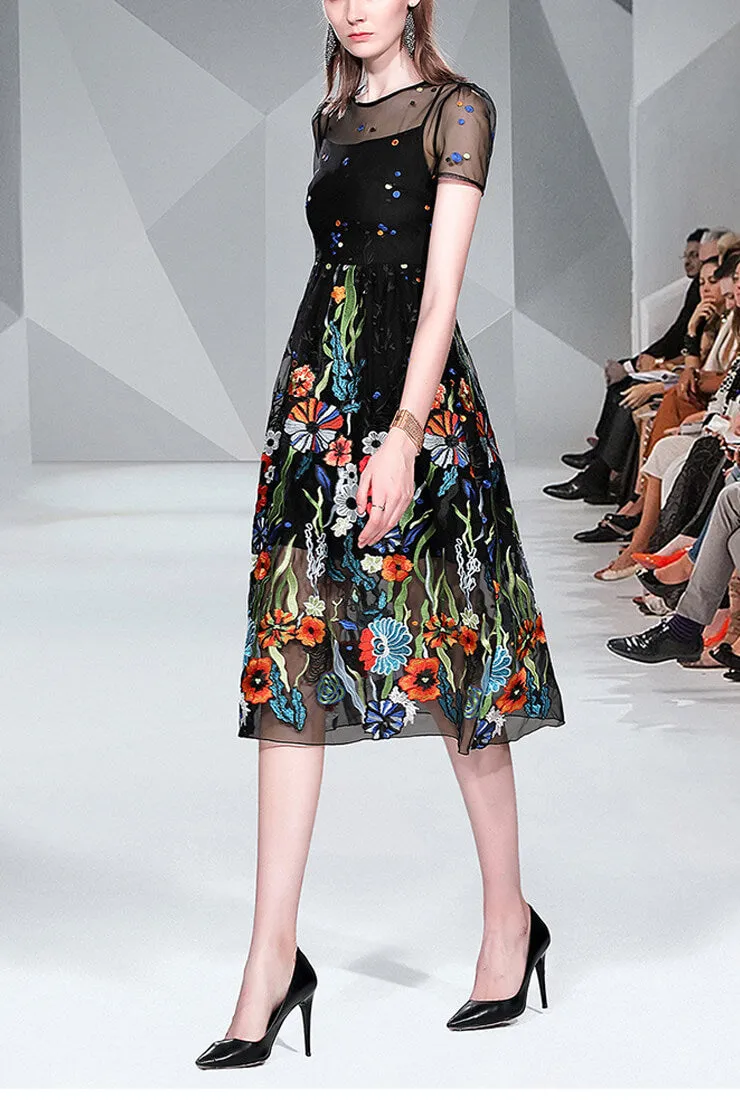 Fashion Mesh Floral Embroidered Midi Dress