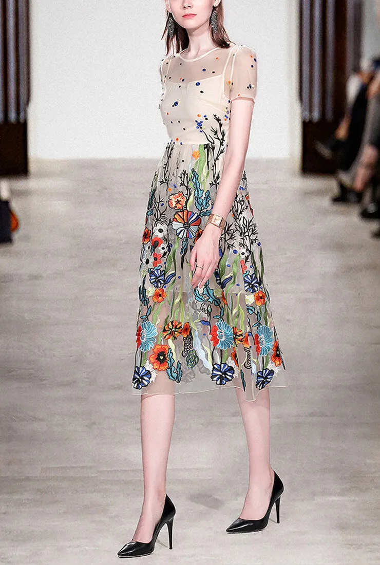 Fashion Mesh Floral Embroidered Midi Dress