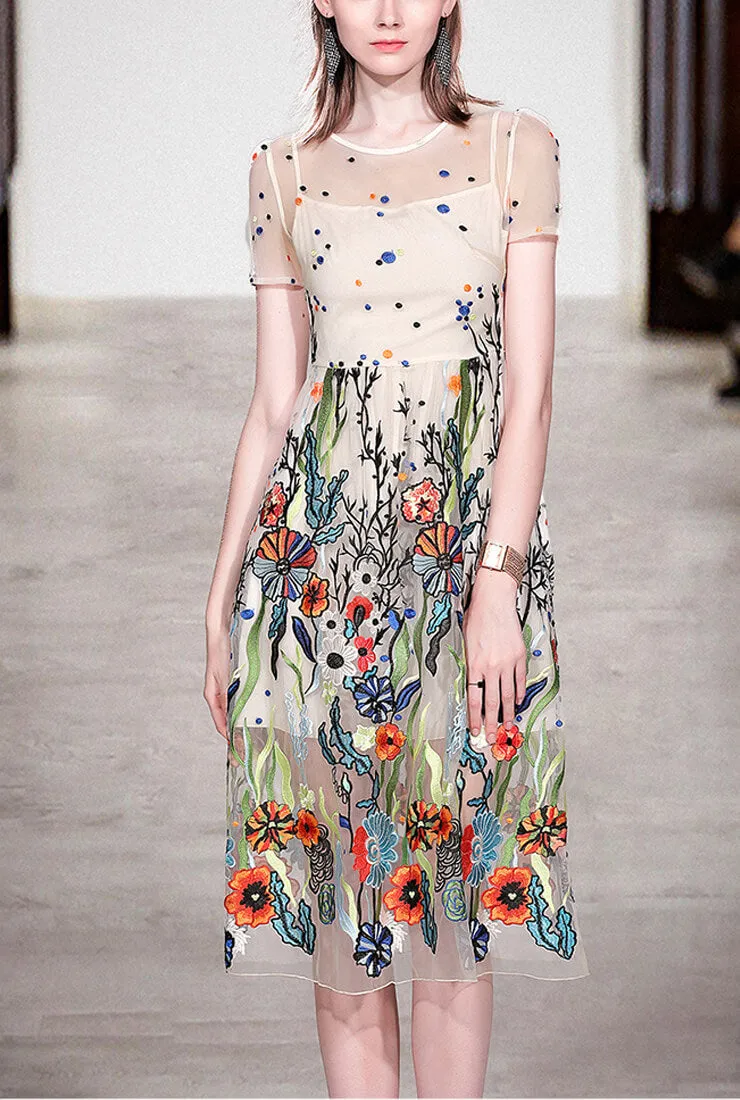 Fashion Mesh Floral Embroidered Midi Dress