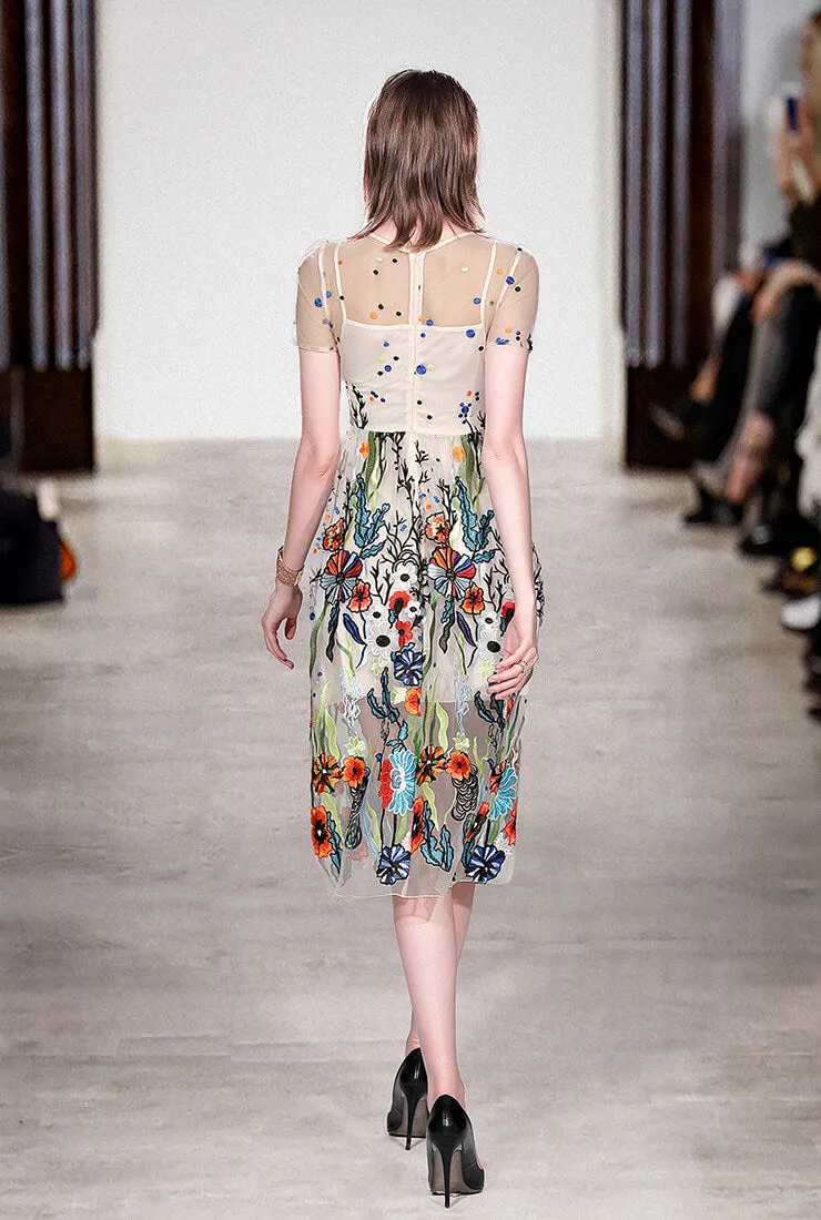 Fashion Mesh Floral Embroidered Midi Dress