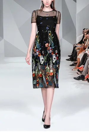 Fashion Mesh Floral Embroidered Midi Dress
