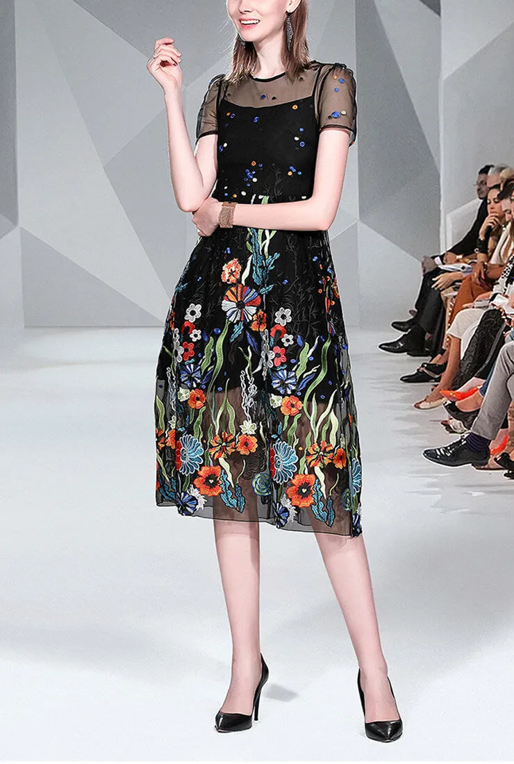Fashion Mesh Floral Embroidered Midi Dress