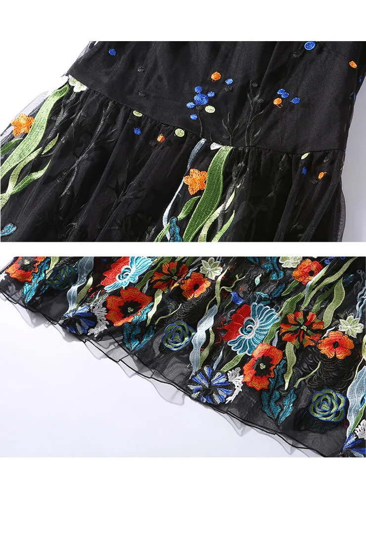 Fashion Mesh Floral Embroidered Midi Dress
