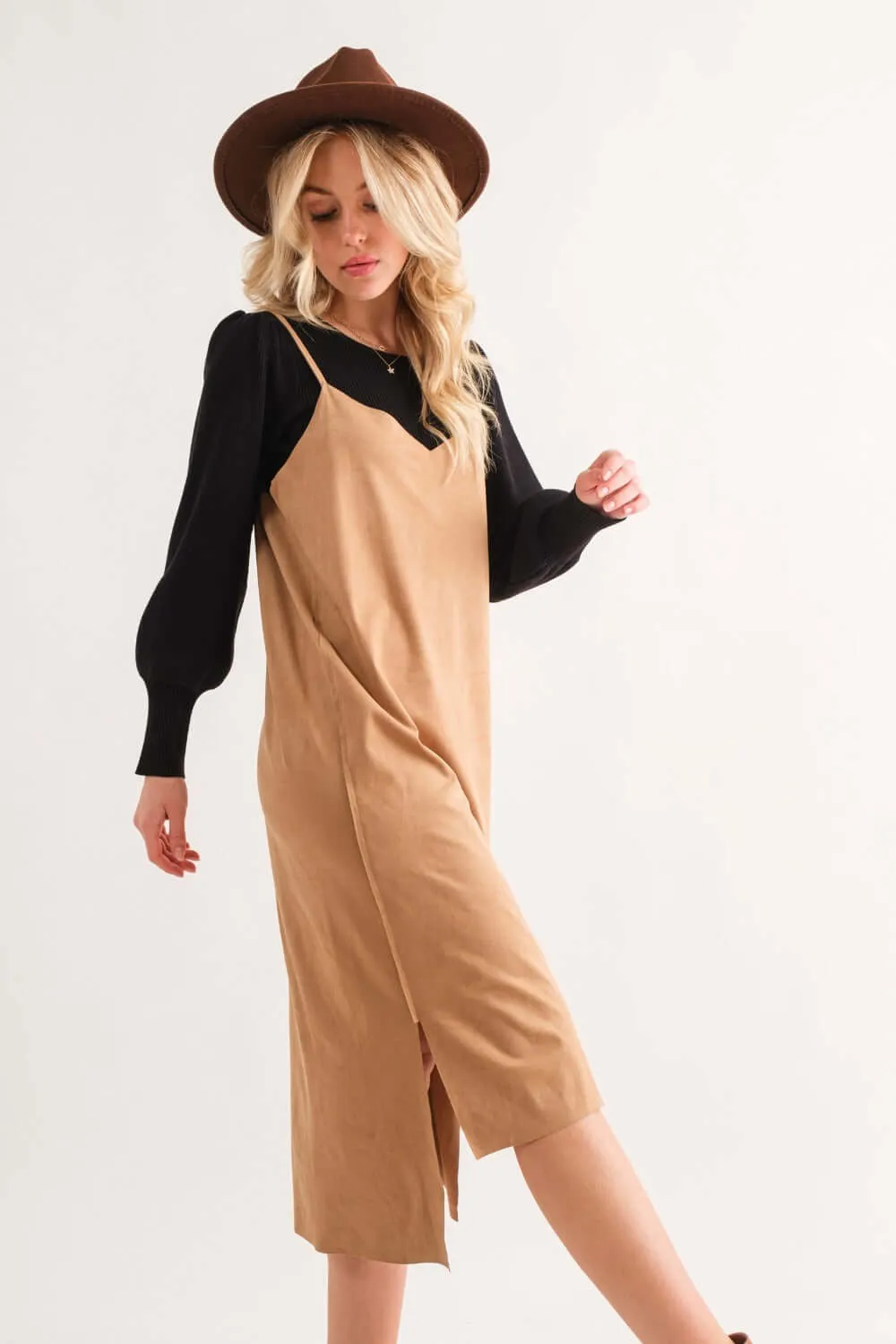 Faux Suede Cami Midi Dress