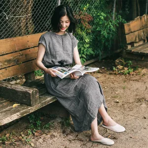 Gray Linen Women Dresses O Neck Summer Shift  Dresses XH9622