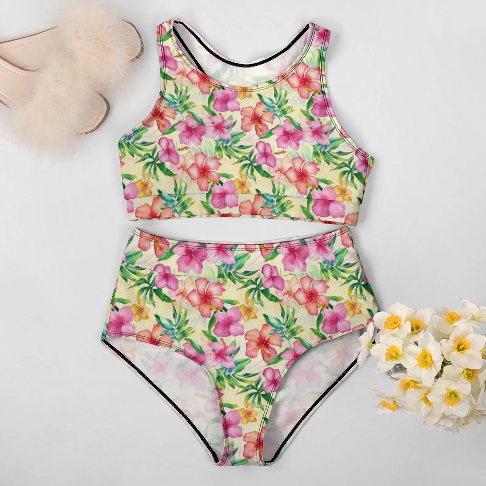 Hibiscus Hawaiian Bikini Set, Pink Floral Flower Padded High Waisted Bottom Top Swimsuits Women 2 Piece Bathing Suit Swimming Swimwear