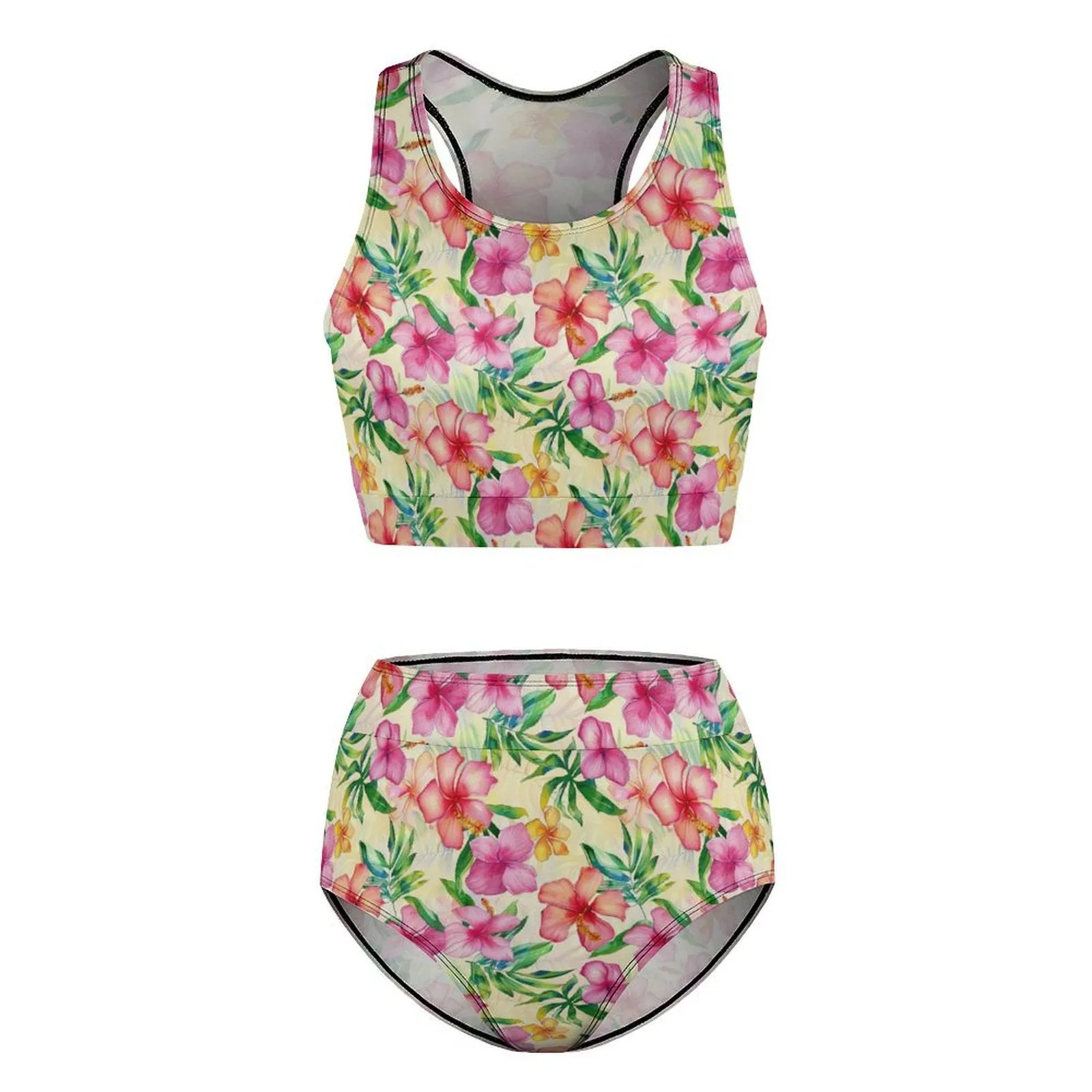 Hibiscus Hawaiian Bikini Set, Pink Floral Flower Padded High Waisted Bottom Top Swimsuits Women 2 Piece Bathing Suit Swimming Swimwear