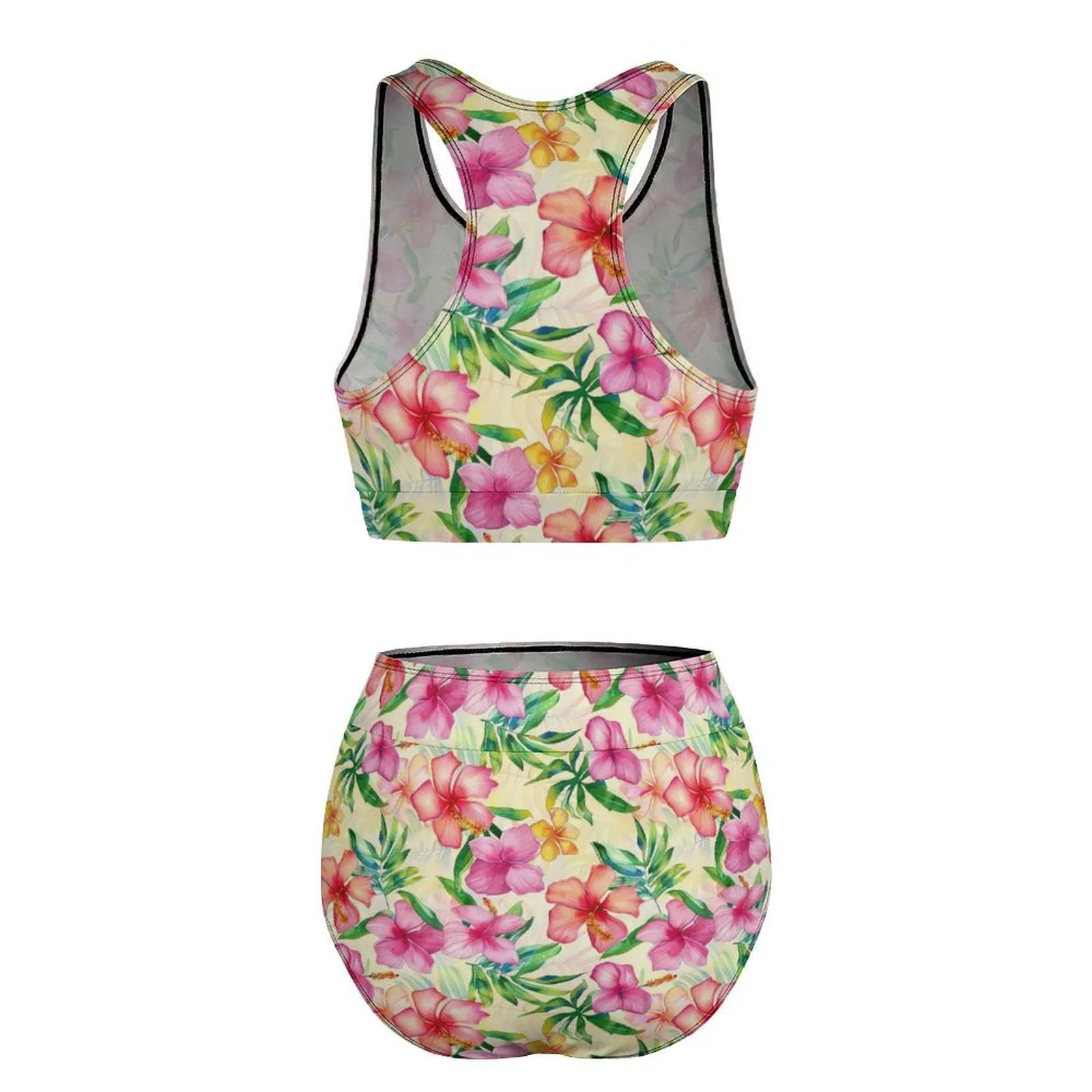 Hibiscus Hawaiian Bikini Set, Pink Floral Flower Padded High Waisted Bottom Top Swimsuits Women 2 Piece Bathing Suit Swimming Swimwear