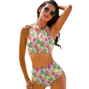 Hibiscus Hawaiian Bikini Set, Pink Floral Flower Padded High Waisted Bottom Top Swimsuits Women 2 Piece Bathing Suit Swimming Swimwear